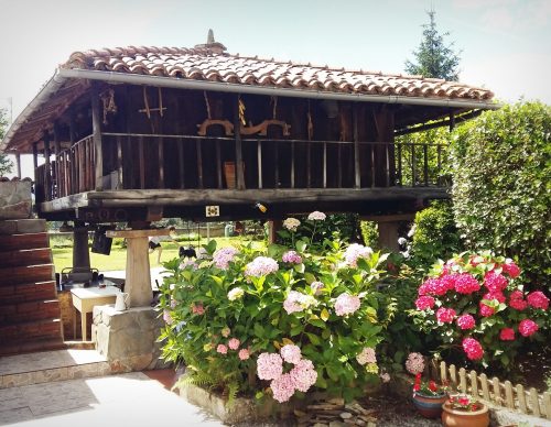 Hórreo tradicional rodeado de hortensias en el jardín.