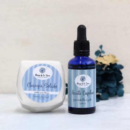 Champú sólido y aceite capilar para cabello rizado.