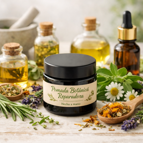Pomada botánica con ingredientes naturales y aceites esenciales.