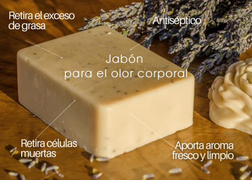 Jabón artesanal con propiedades antisepticas y aromáticas.