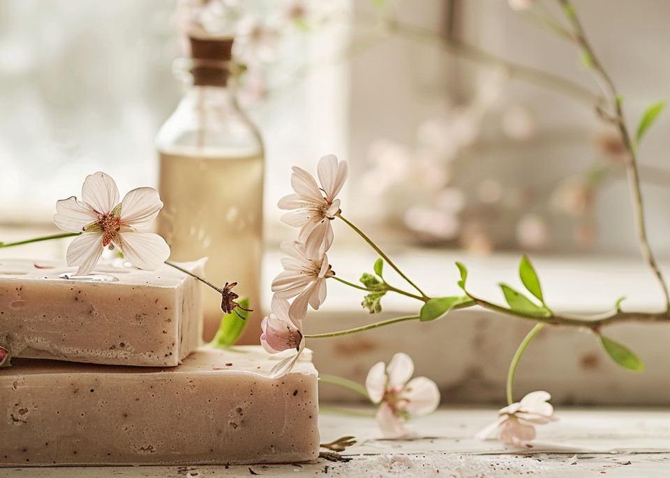 Jabones artesanales con flores decorativas y aceite natural.